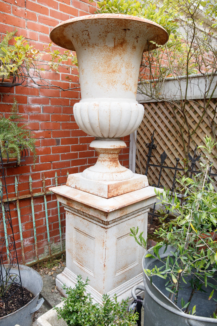 French Chateau Large Iron Urns & Pedestals