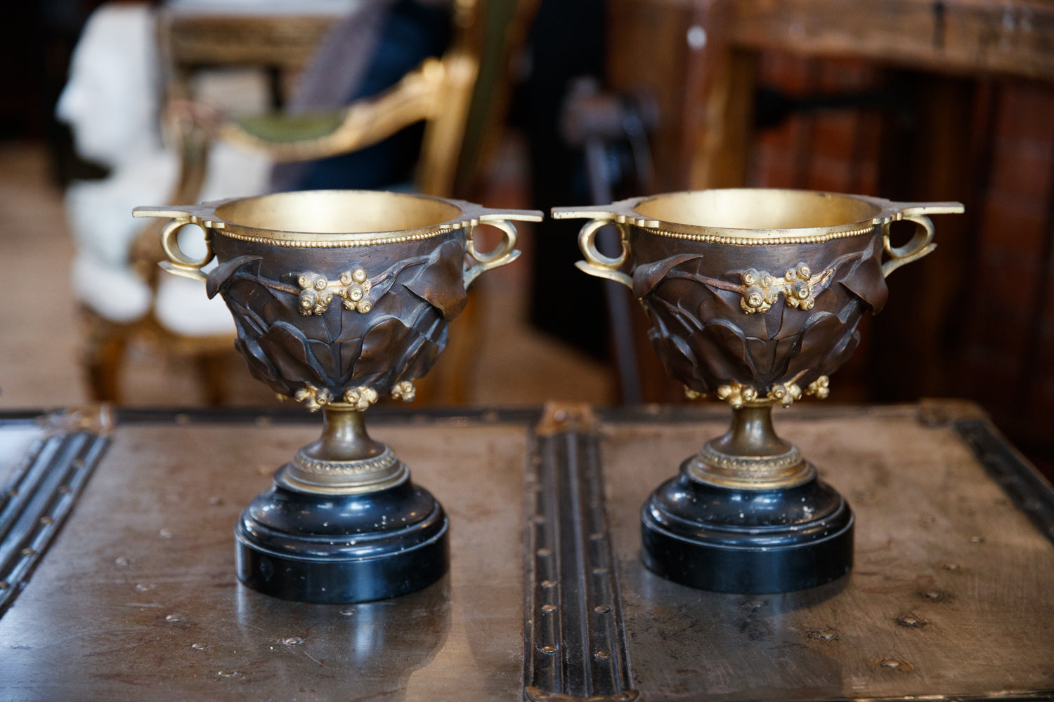 French Marble & Bronze Mantle Urns