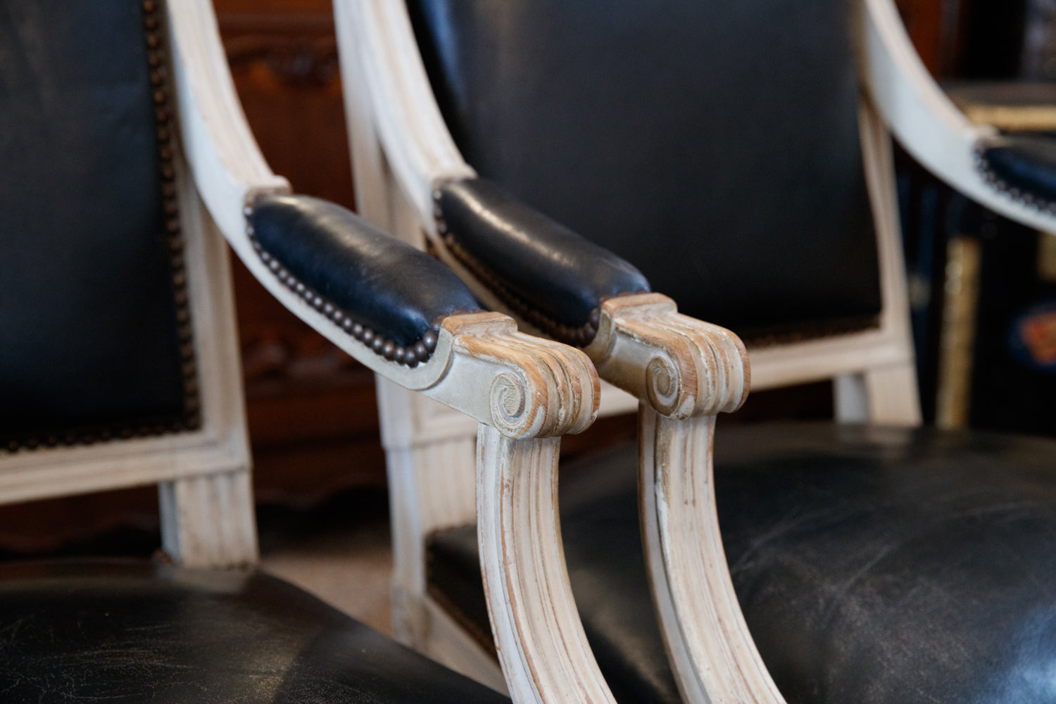 French Louis Chairs with Vintage Black Leather