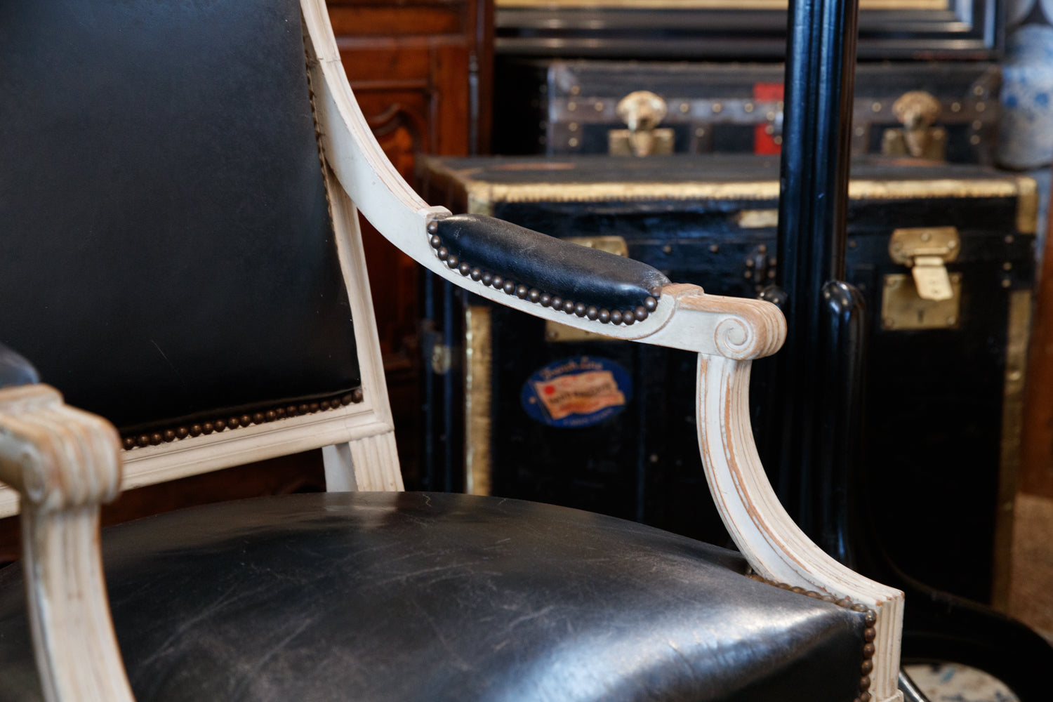 French Louis Chairs with Vintage Black Leather