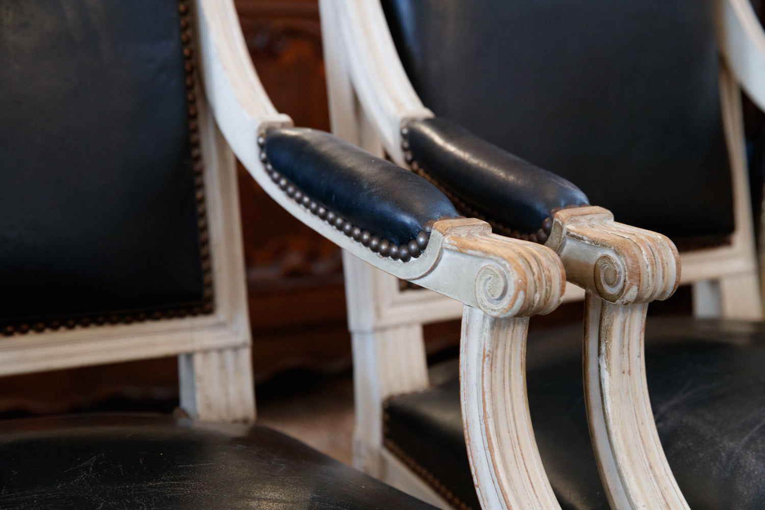 French Louis Chairs with Vintage Black Leather