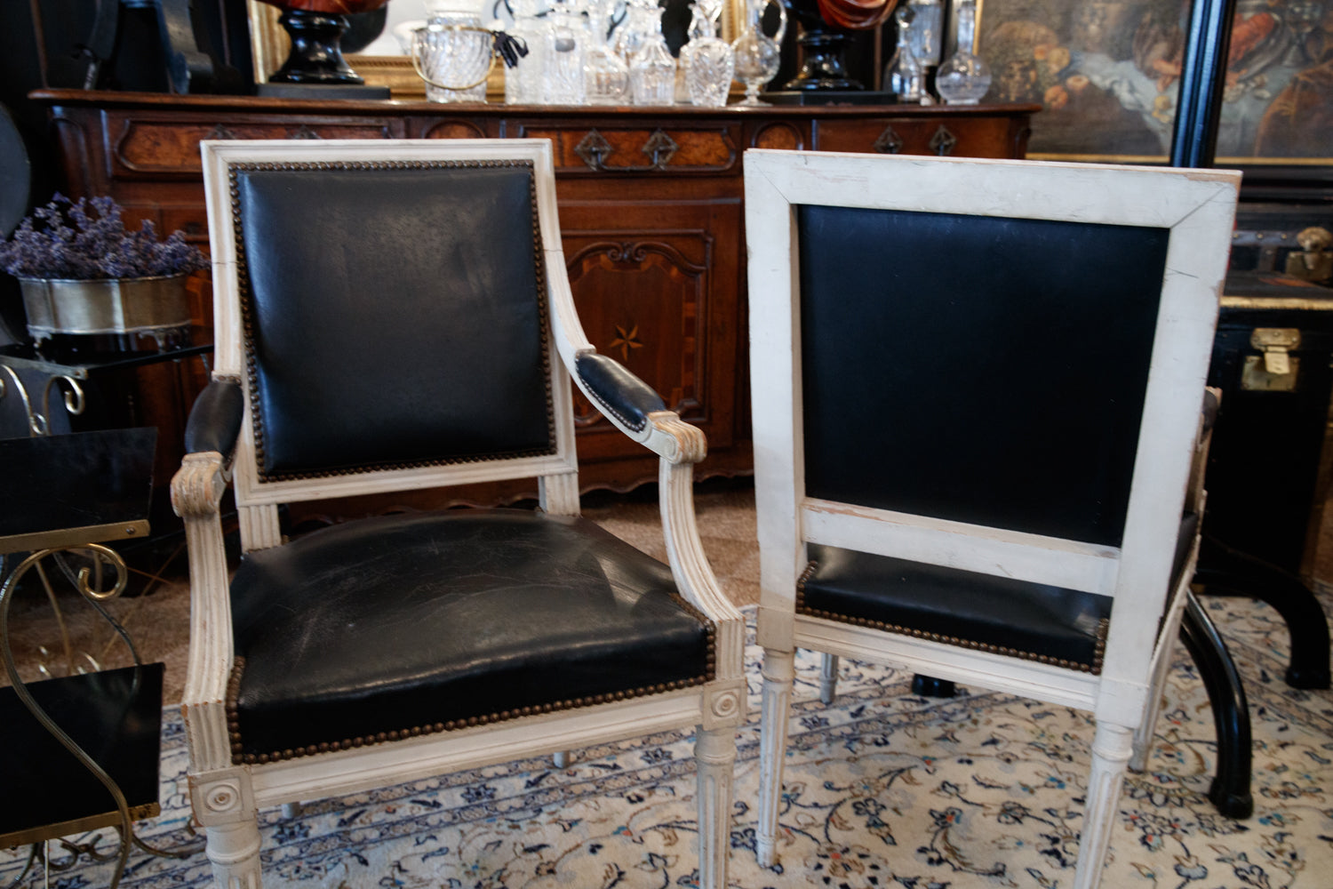 French Louis Chairs with Vintage Black Leather