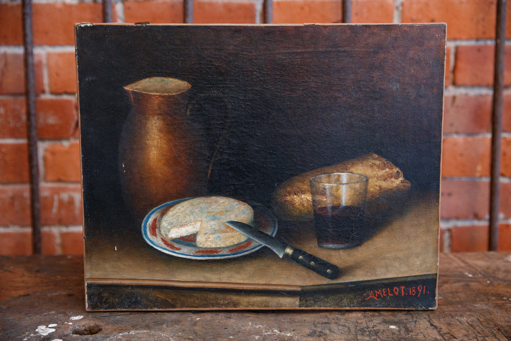 French 19th Century Oil Canvas Still Life - Bread & Cheese