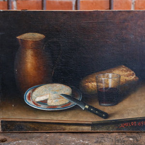 French 19th Century Oil Canvas Still Life - Bread & Cheese