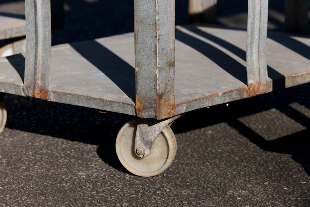 1920's French Industrial Zinc Metal Trolley Shelves