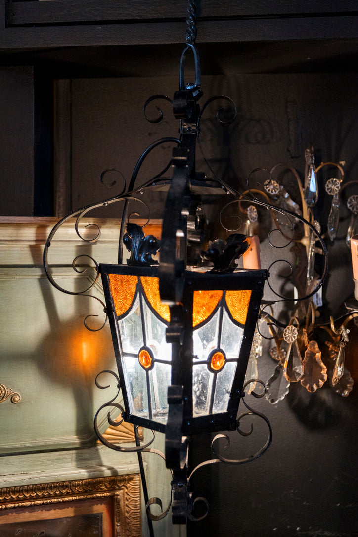 French Wrought Iron Lantern - Coloured Lead Light Glass