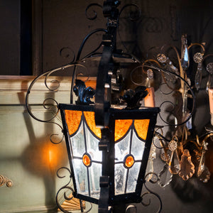 French Wrought Iron Lantern - Coloured Lead Light Glass