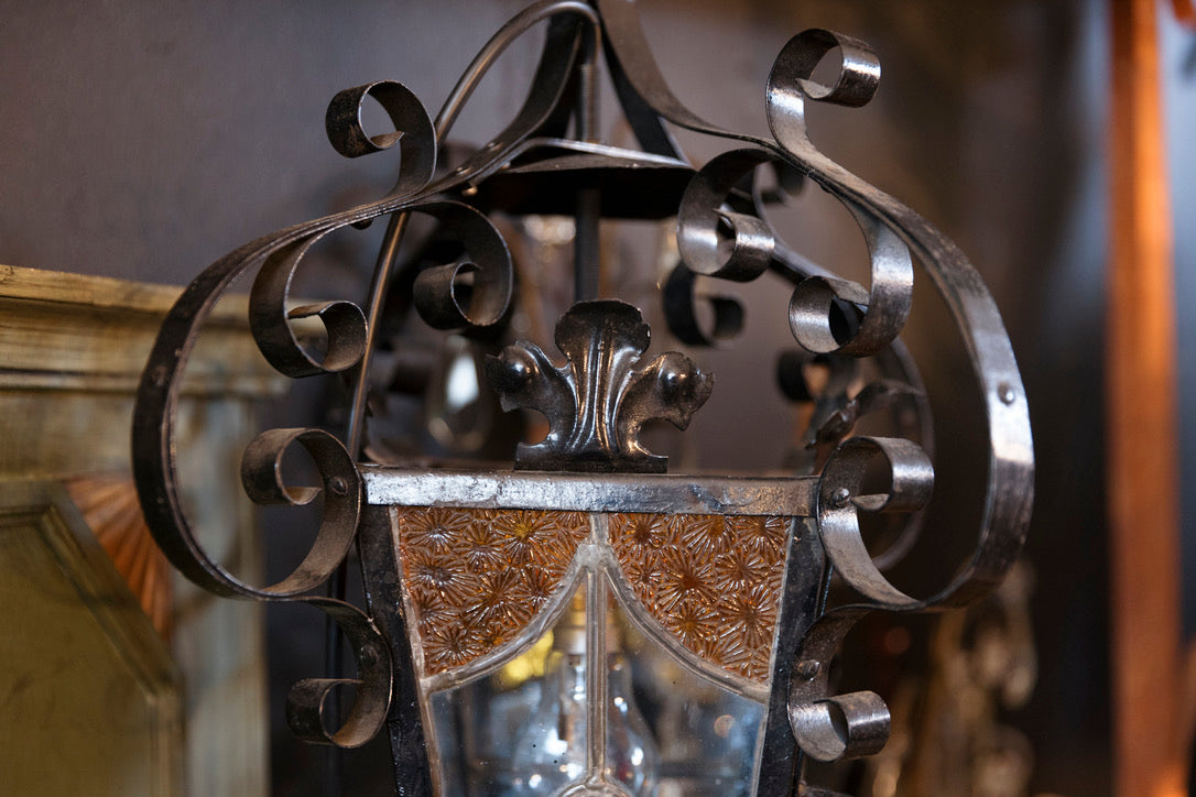 French Wrought Iron Lantern - Coloured Lead Light Glass