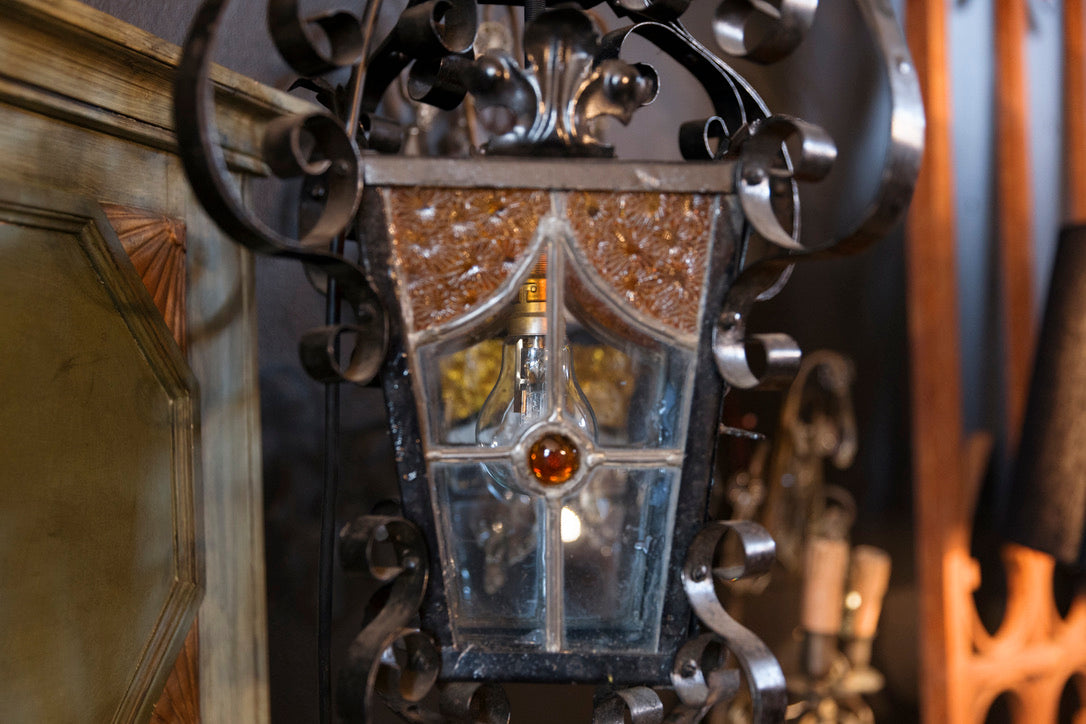 French Wrought Iron Lantern - Coloured Lead Light Glass