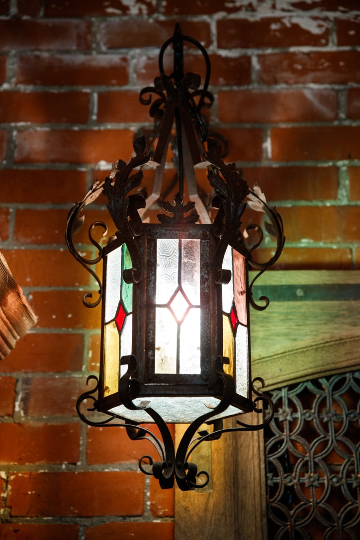 French Wrought Iron Lantern - Stained Glass