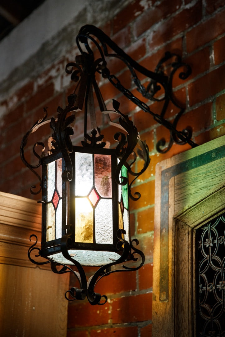 French Wrought Iron Lantern - Stained Glass